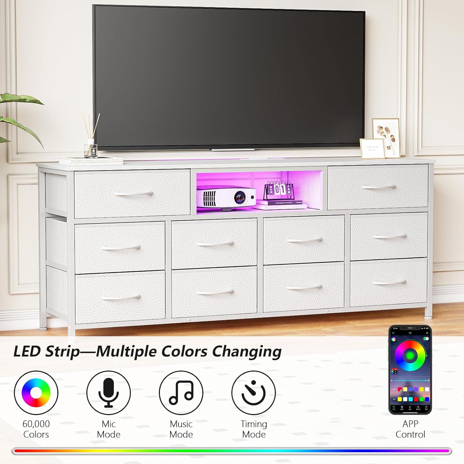 Furnulem 55” Long Dresser for Bedroom TV Stand for 55” to 65” TV White Dresser with 10 Fabric Drawers Entertainment Center with Power Outlet LED Light