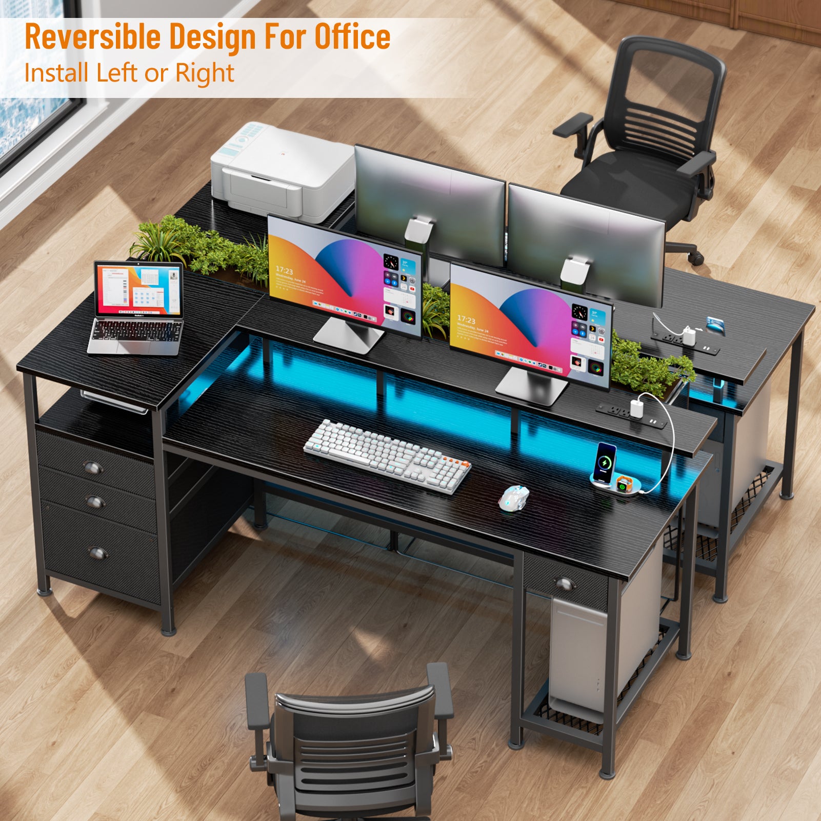 60 Inch Computer Desk with Charging Station LED Lights 4 Drawers Black Gaming Desk Printer Shelf Storage Home Office Work Table Fabric File Cabinet