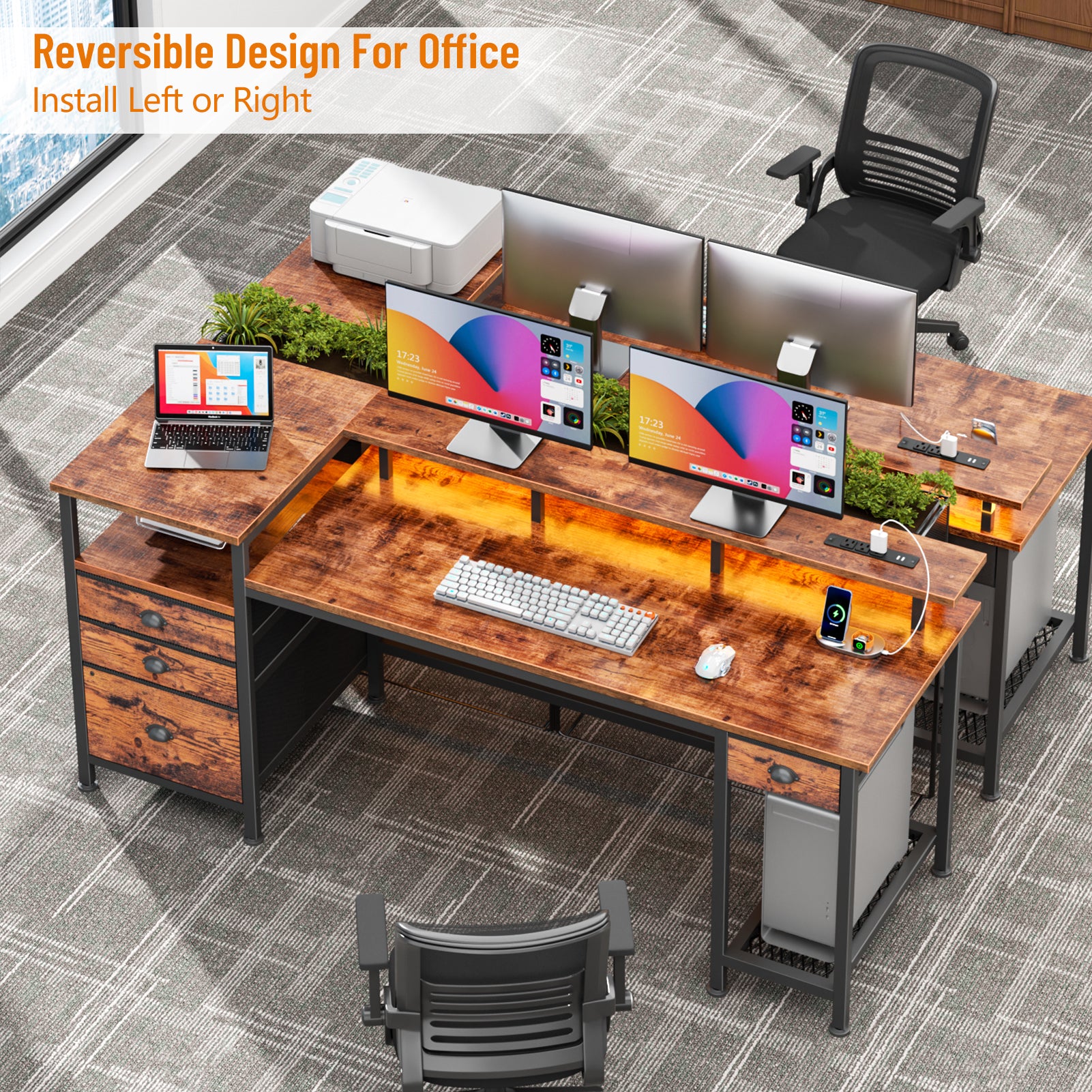 60 Inch Computer Desk with Charging Station Reversible Gaming Desk LED Lights File Cabinet Monitor Stand Rustic Brown Home Office 4 Drawers Shelf