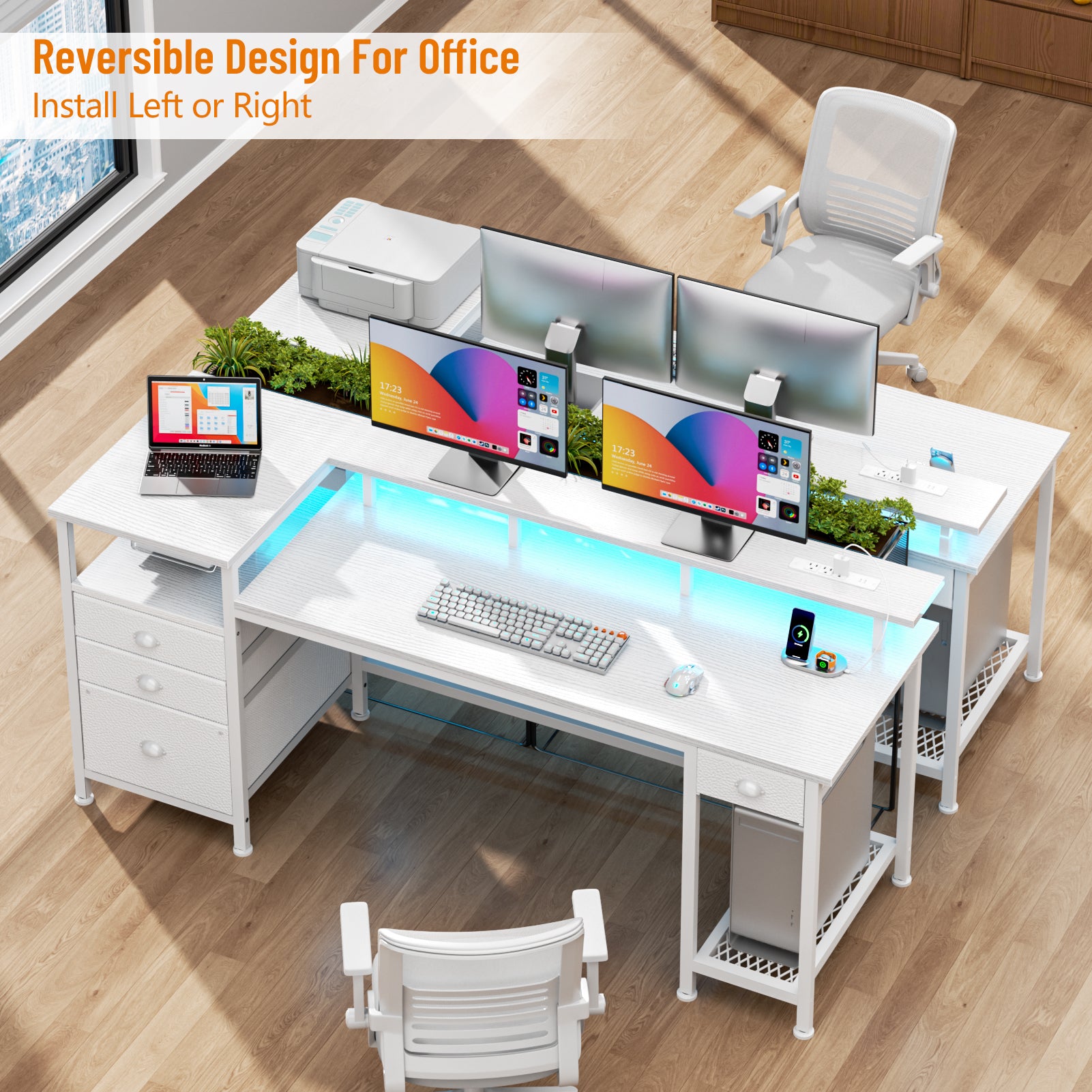 60 Inch White Computer Desk with Charging Station Gaming Desk LED Lights 4 Drawers File Cabinet Storage Home Office Work Table Modern Bedroom Study