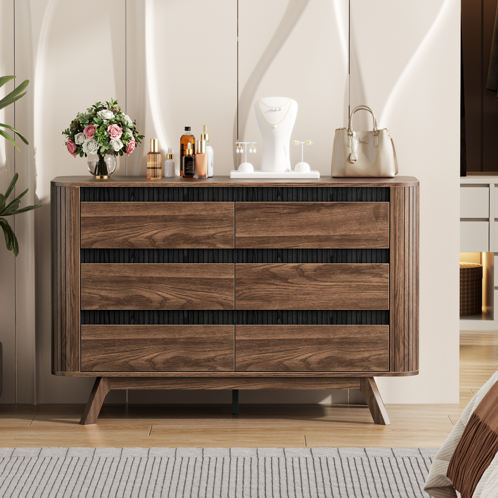 Wood 6 Drawer Double Dresser Wide Storage Chest Curved Roller Shutter Design Modern Bedroom Furniture Living Room Organizer Cabinet