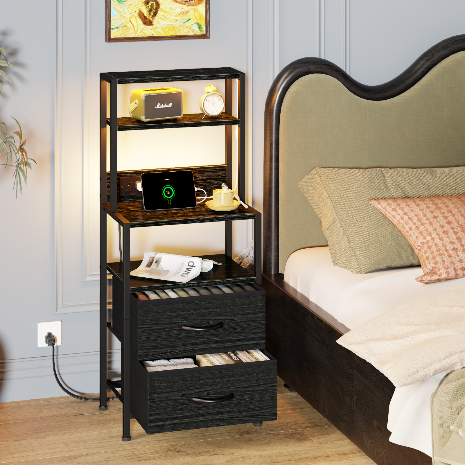 Furnulem Night Stand, Tall Nightstand with 4-Tier Shelves, 2 Fabric Drawers and Light Tube, Bed Side Tables with Charging Station, Bedside Table for Bedroom, Office, Rustic Brown