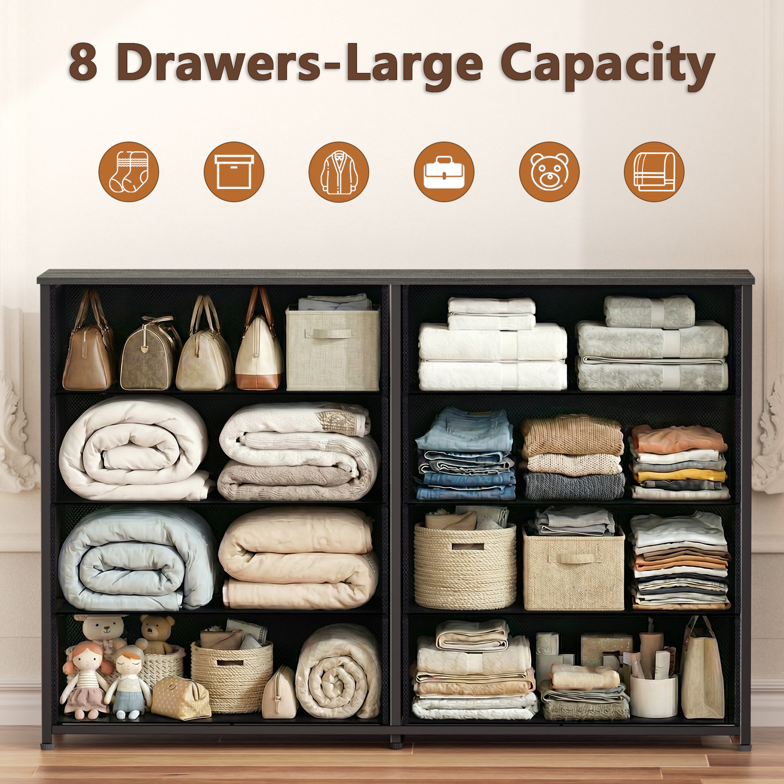 Furnulem Wide Dresser with 8 Fabric Drawers TV Entertainment Center with Storage for 55'' TV Large Chest of Drawers for Bedroom Living Closet Entryway