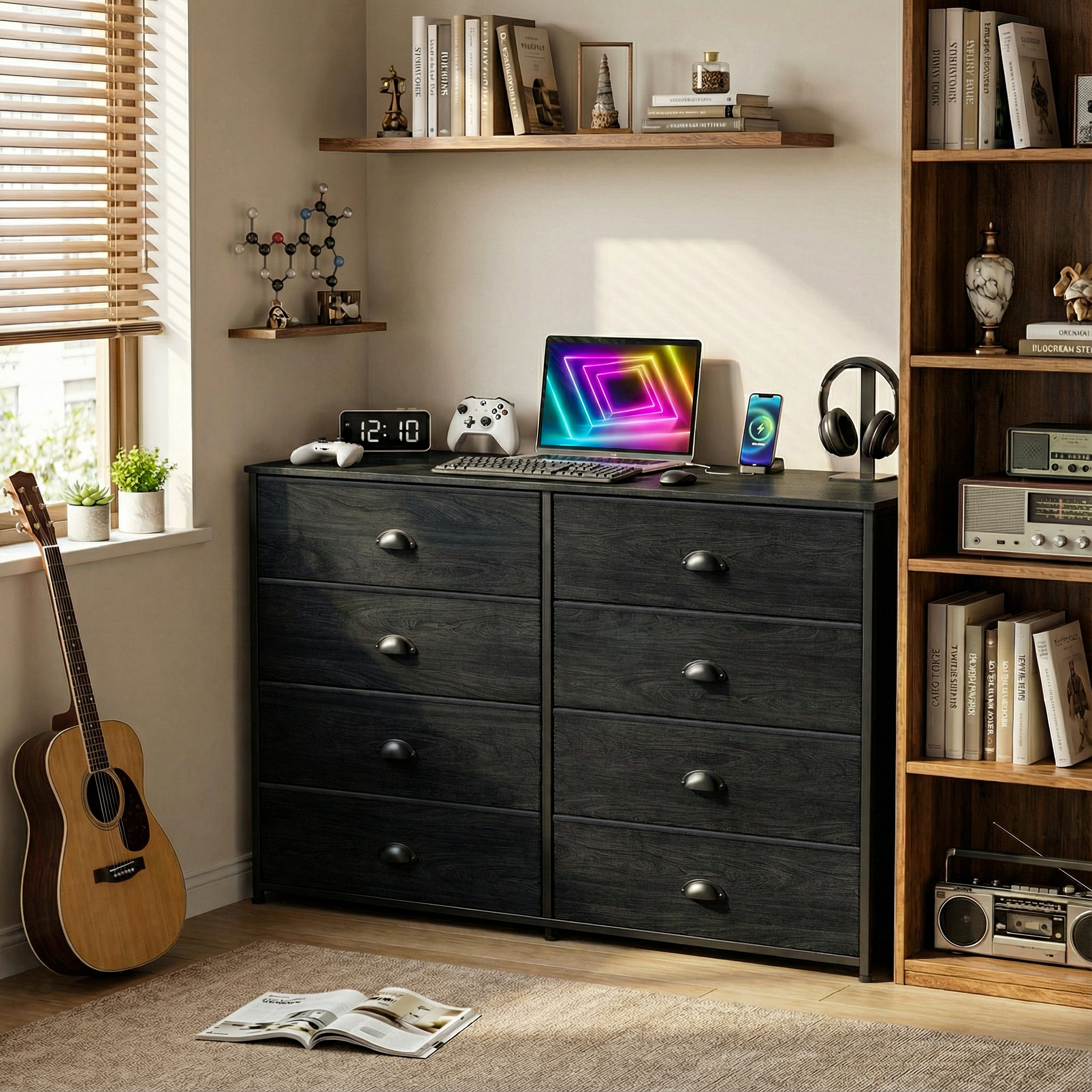 8 Drawer Dresser for Bedroom Wide TV Stand for 55 Inch TV Fabric Storage Chest of Drawers Media Console Organizer Unit Entryway Wood Top Bins