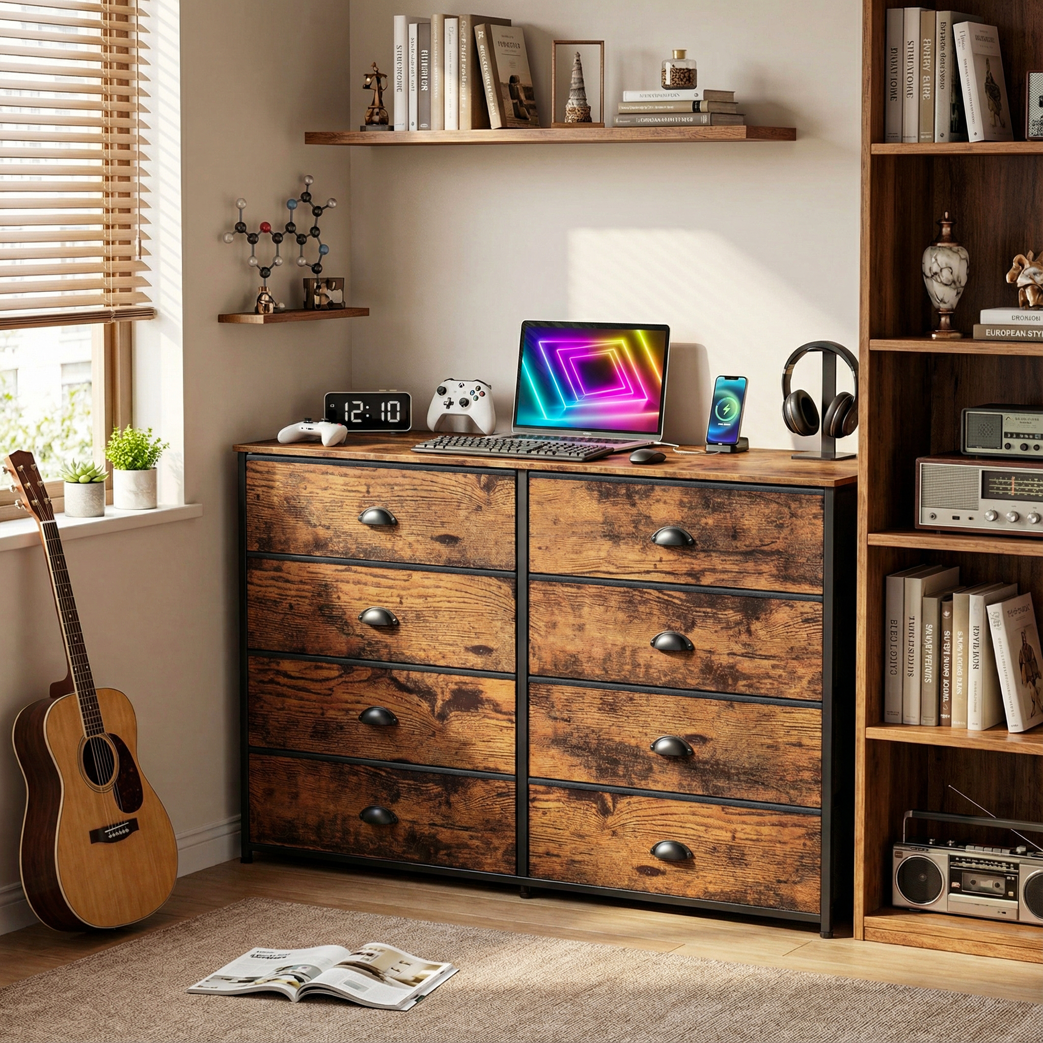 Furnulem Long Dresser for Bedroom TV Stand for 55'' TV Wide Storage Drawer Unit with 8 Fabric Bins Double Dresser for Bedroom Office  Closet Entryway