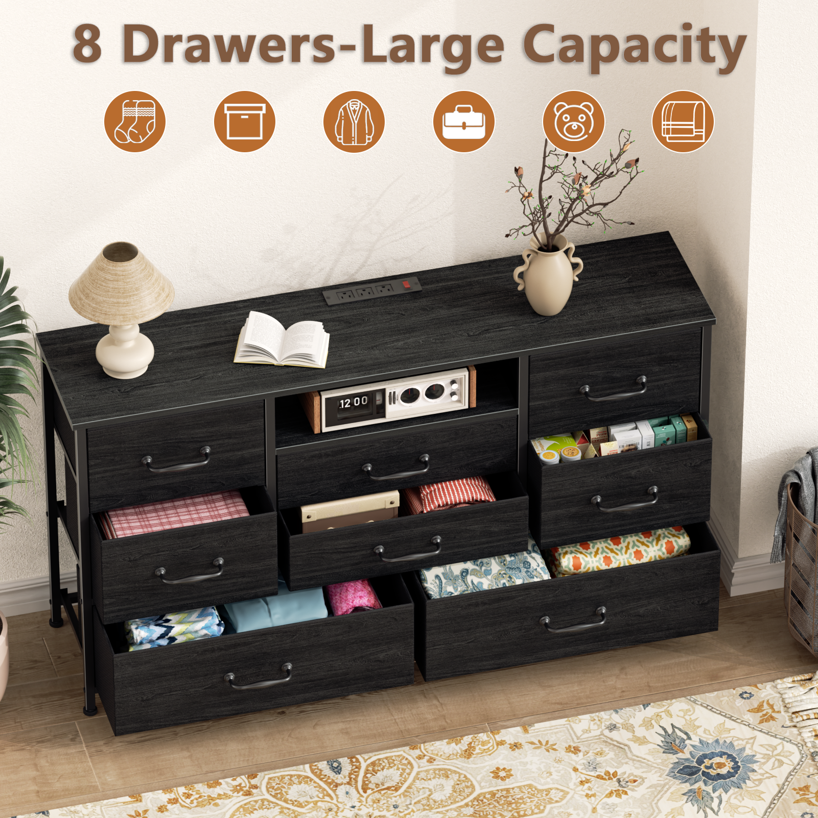 8 Drawer Dresser with Charging Station TV Stand for 50 Inch TV Fabric Storage Chest Open Shelves Black Metal Frame Bedroom Media Console