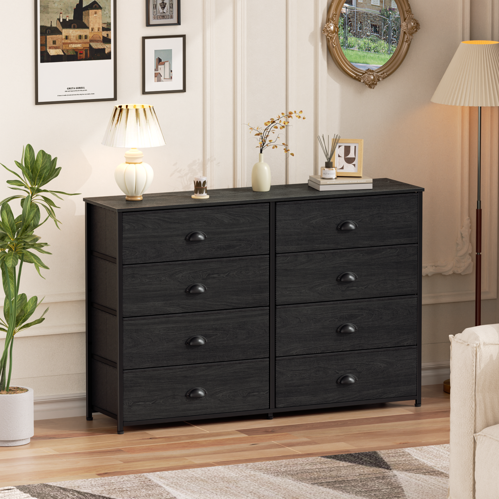 Wide 8 Drawer Dresser TV Stand for 55 Inch TV Entertainment Center Media Console Fabric Storage Chest Bedroom Living Room Organizer Unit Wood Top