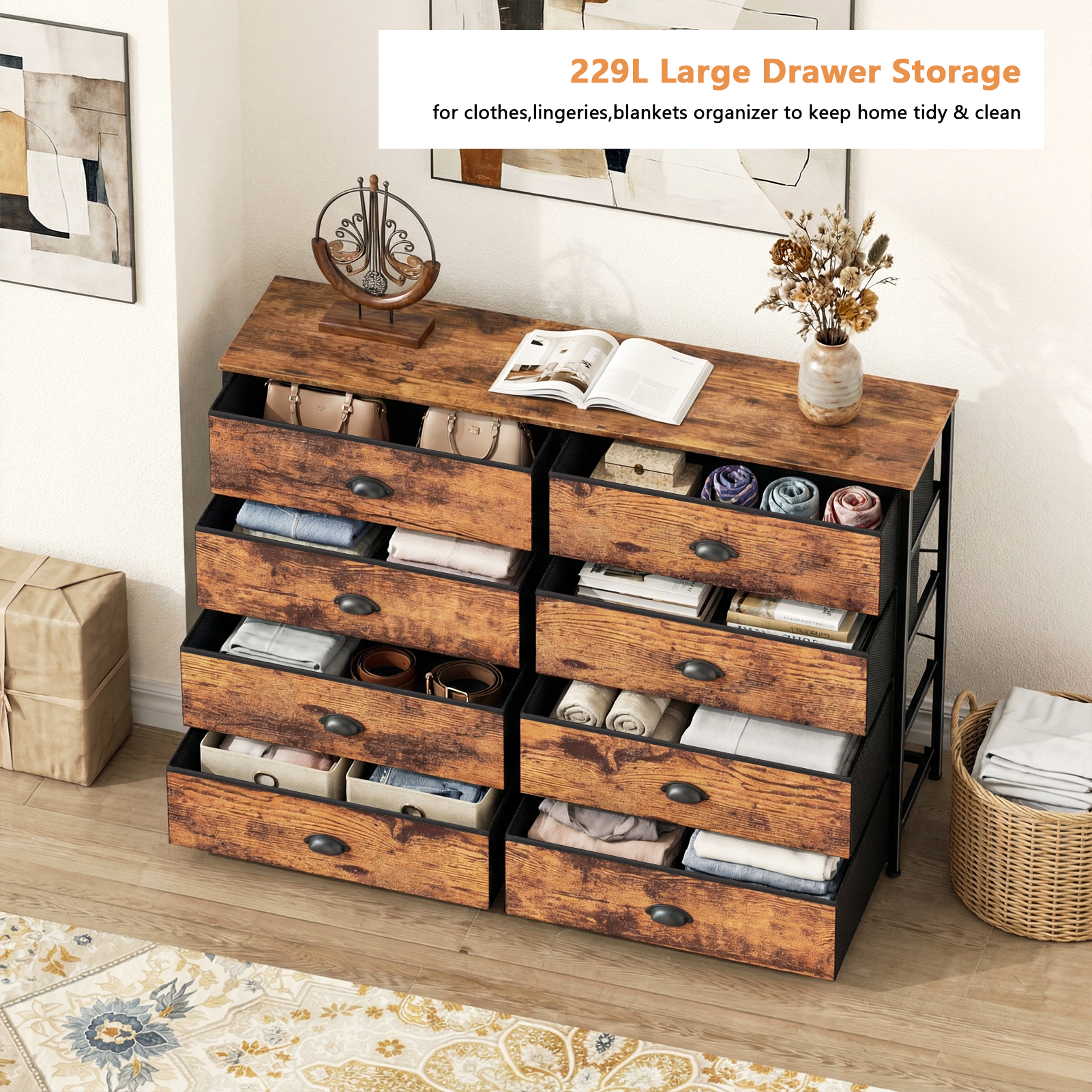 Wide 8 Drawer Dresser for Bedroom Storage Chest of Drawers TV Stand for 55 Inch TV Media Console Fabric Bins Organizer Unit Long Entryway Hall