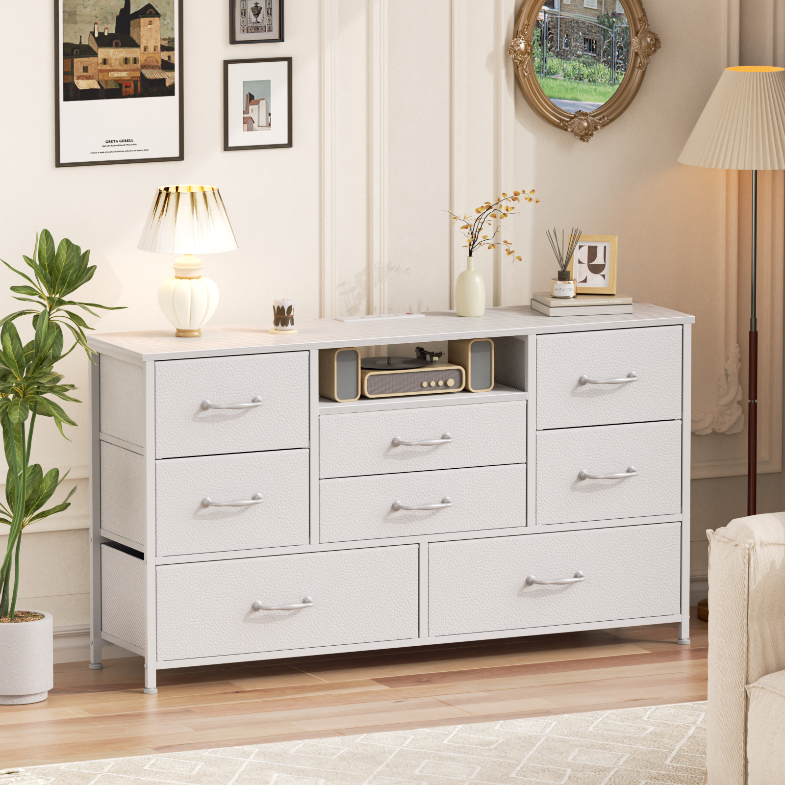 Bedroom Dresser with Charging Station Power Outlets 8 Fabric Drawers Chest for 50 Inch TV White Storage Organizer Tower Unit with Open Shelves