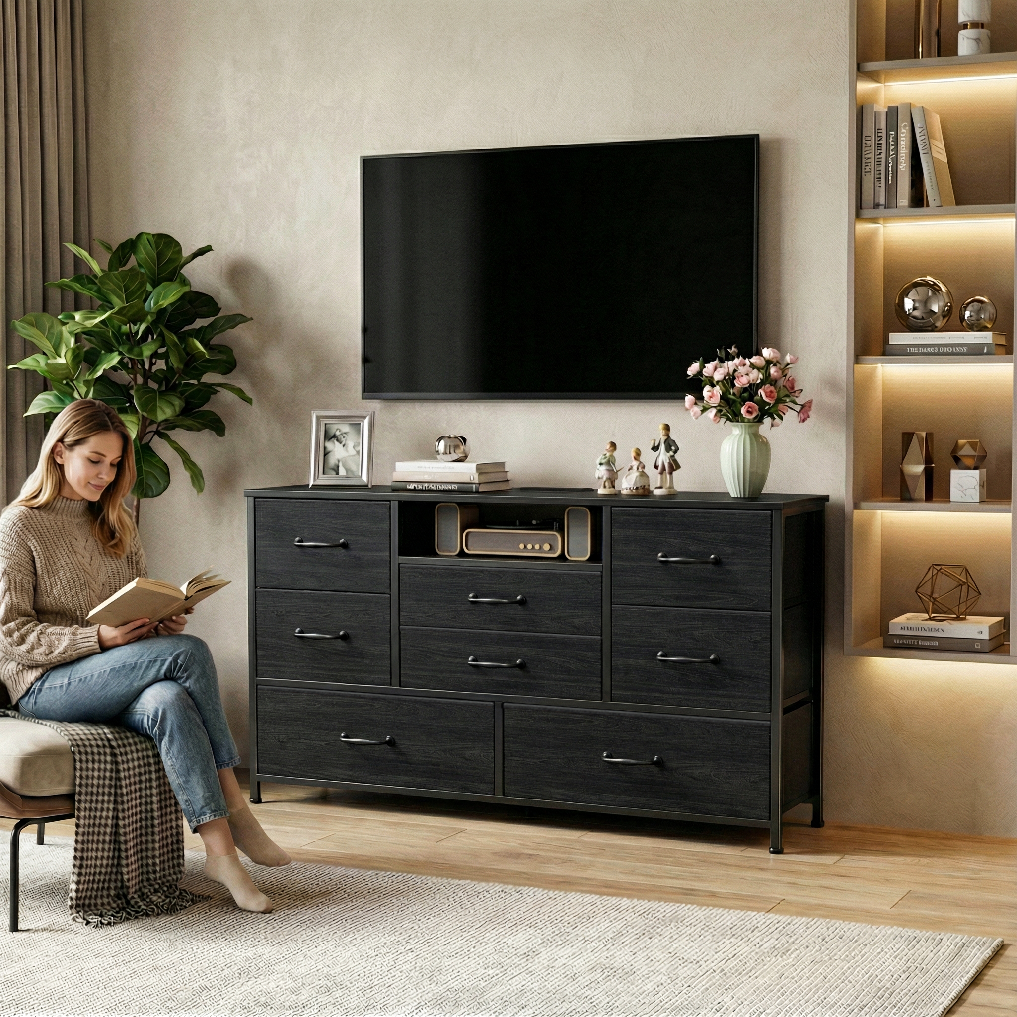 8 Drawer Dresser with Charging Station TV Stand for 50 Inch TV Fabric Storage Chest Open Shelves Black Metal Frame Bedroom Media Console
