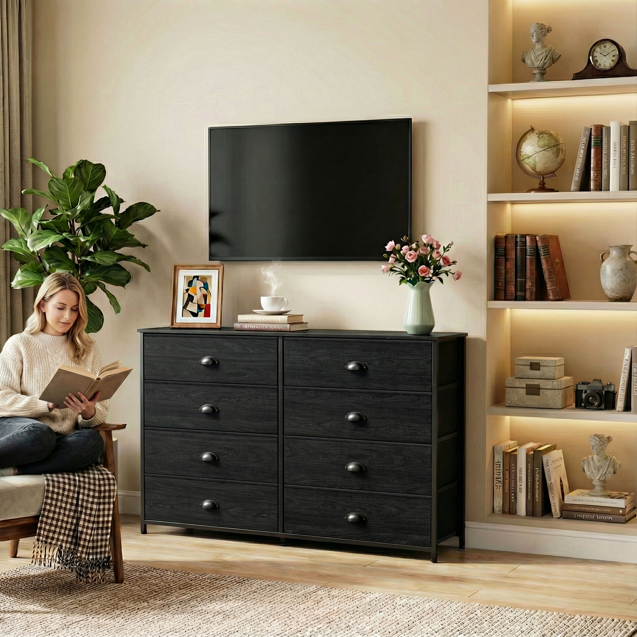 Long Double Dresser 8 Fabric Drawers TV Stand for 55 Inch TV Wide Storage Chest Media Console Organizer for Bedroom Closet Nursery Wood Top