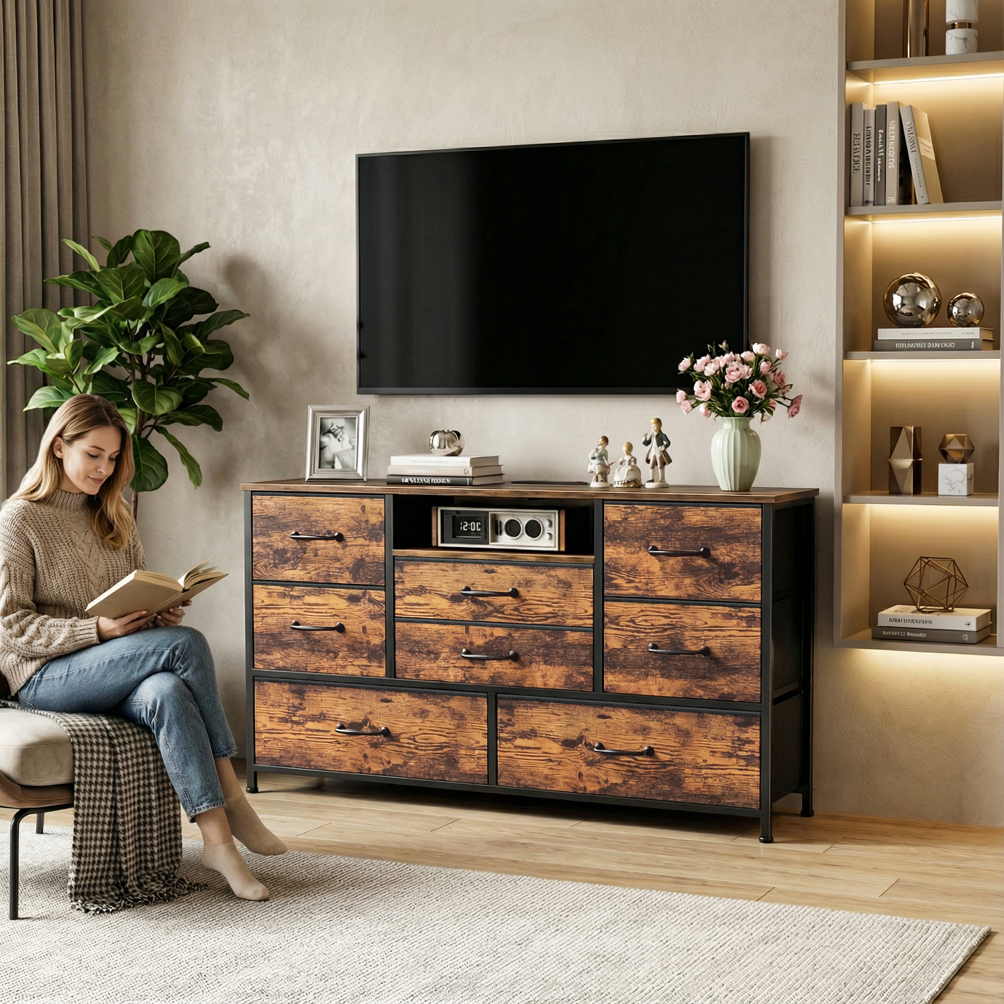 Rustic Brown 8 Drawer Dresser with Charging Station TV Stand for 50 Inch TV Fabric Storage Chest Open Shelves Media Console Bedroom