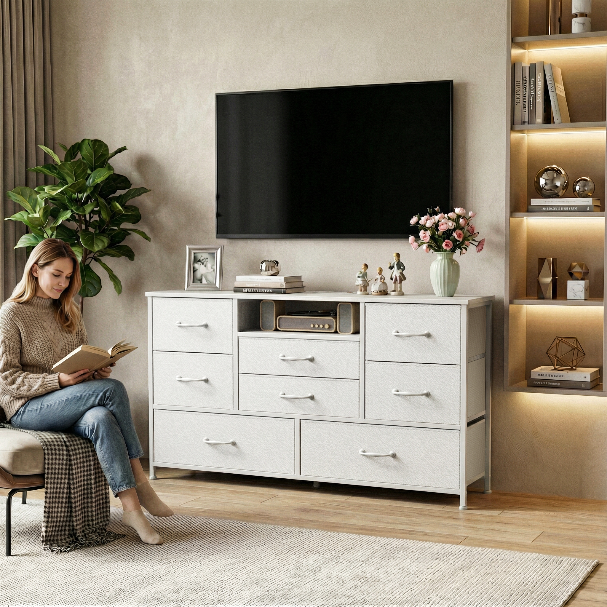 Wide White 8 Drawer Dresser Fabric Storage Chest of Drawers Charging Station Open Shelf Bedroom Nursery Furniture Media Console TV Stand