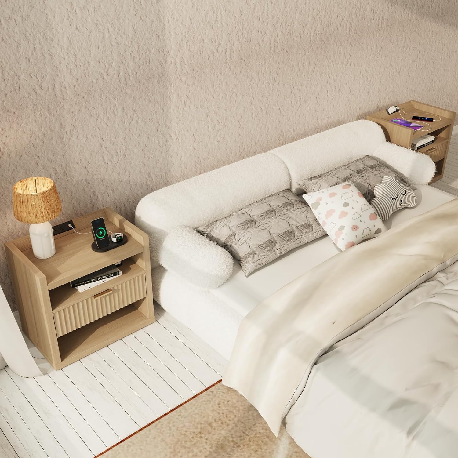 Furnulem Large recessed bedside table with charging station wooden bedside table with drawer  modern style bedside table 1 drawer