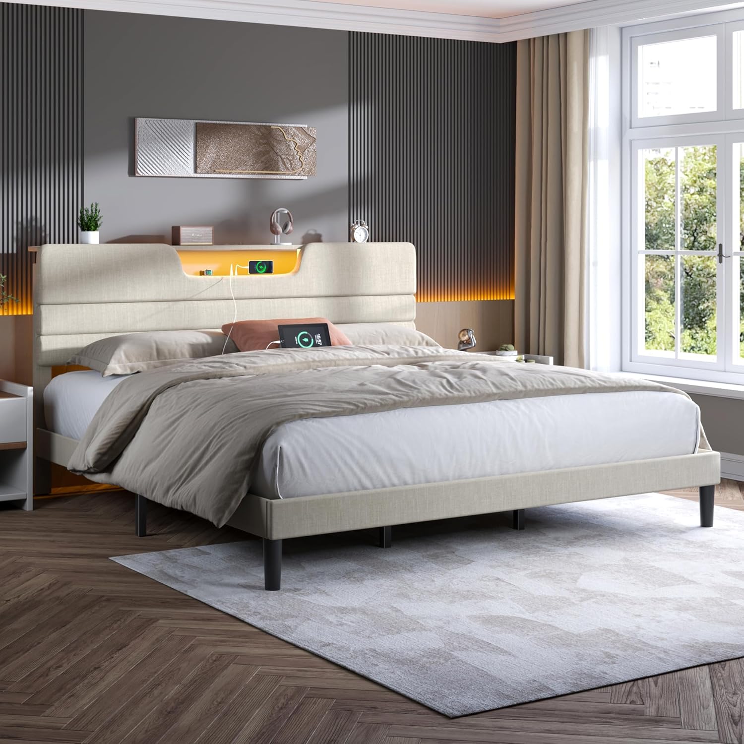 Furnulem King Size Bed Frames with Upholstered Headboard Modern Platform Bed with Charging Station and Led Lights Bed Frame with Sturdy Wooden Slats