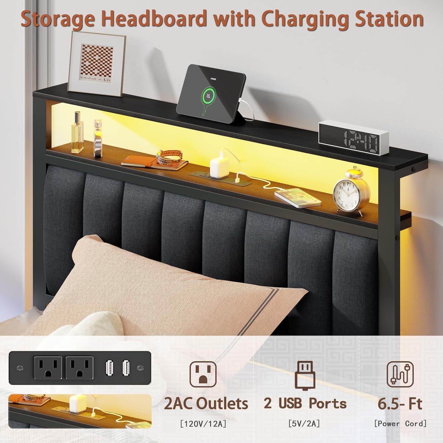 Furnulem Twin size bed frame with charging station and LED light gray upholstered headboard two-tier storage shelves no spring mattress required