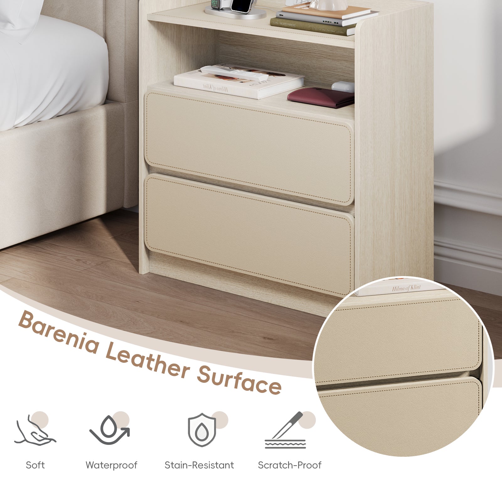 Qwatto Nightstand with Charging Station 2 Drawer Saddle Leather Bedside Table Modern Wood Side End Table Storage Cabinet Bedroom Furniture Beechwood