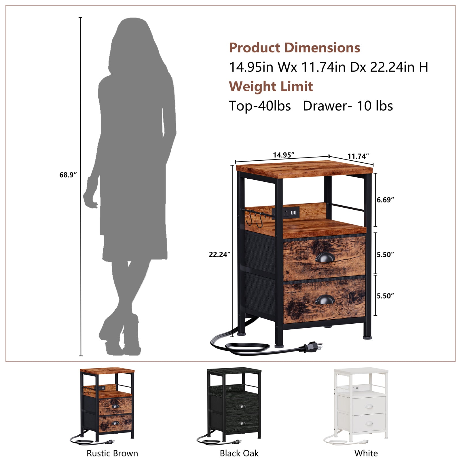 Qwatto Set of 2 Nightstands with Charging Station USB Ports Brown Bedside Side Tables with 2 Fabric Drawers Storage Shelf Hooks for Bedroom End Table