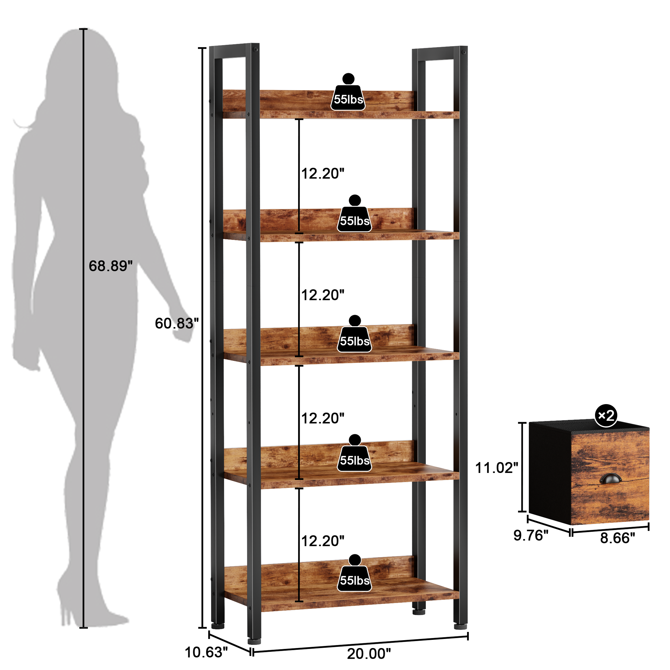 5 Tier Industrial Tall Bookcase with Two Storage Drawers Wood Metal Display Bookshelf Standing Organizer Shelf for Home Office Living Room Brown