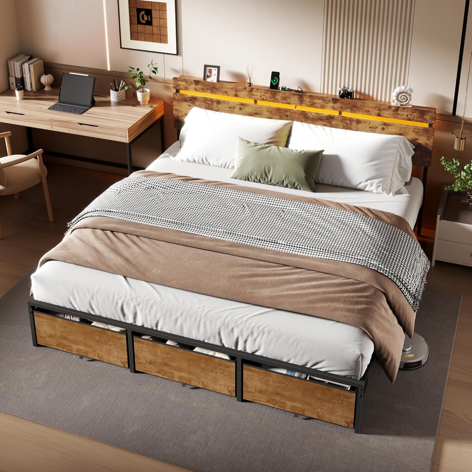King Size Bed Frame with Wood Headboard, Metal Platform Bed with 3 Storage Drawers  Shelf Built-in Charging Station  LED Lights No Box Spring Needed