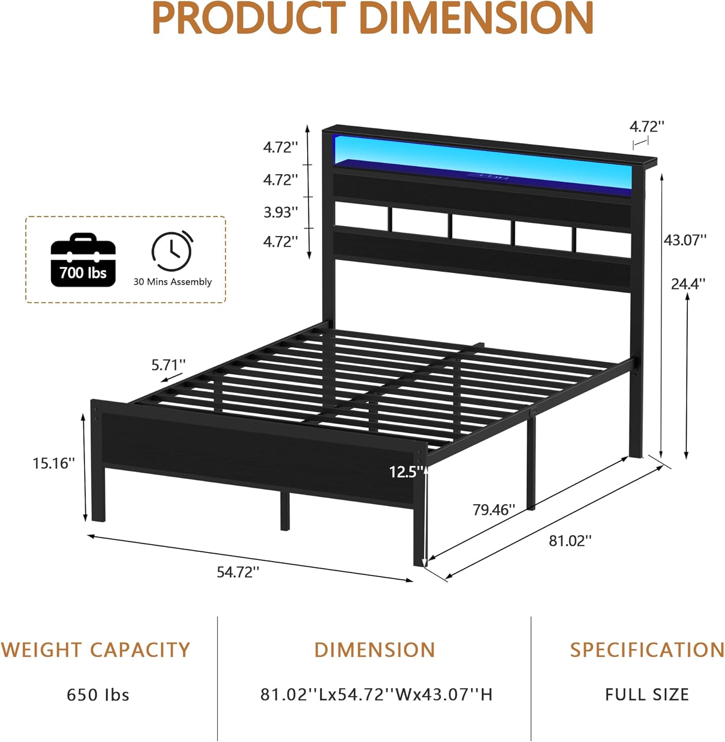 Furnulem Full Size Bed Frame with LED Light and Charging Station Wood Storage Headboard with 2-Tier Shelves Metal Platform Bed with Heavy Duty Slats