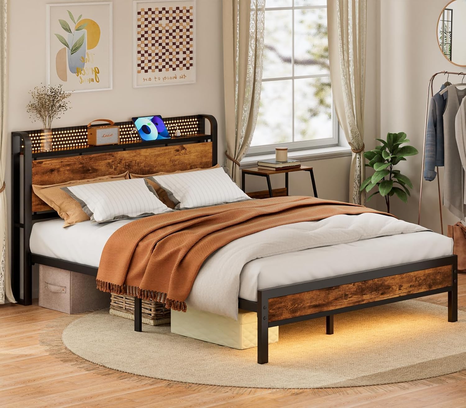 Furnulem Queen Bed Frame with Charging Station and LED Lights,Industrial Platform Beds  with Storage Headboard USB Port Rustic Wood and Strong Metal