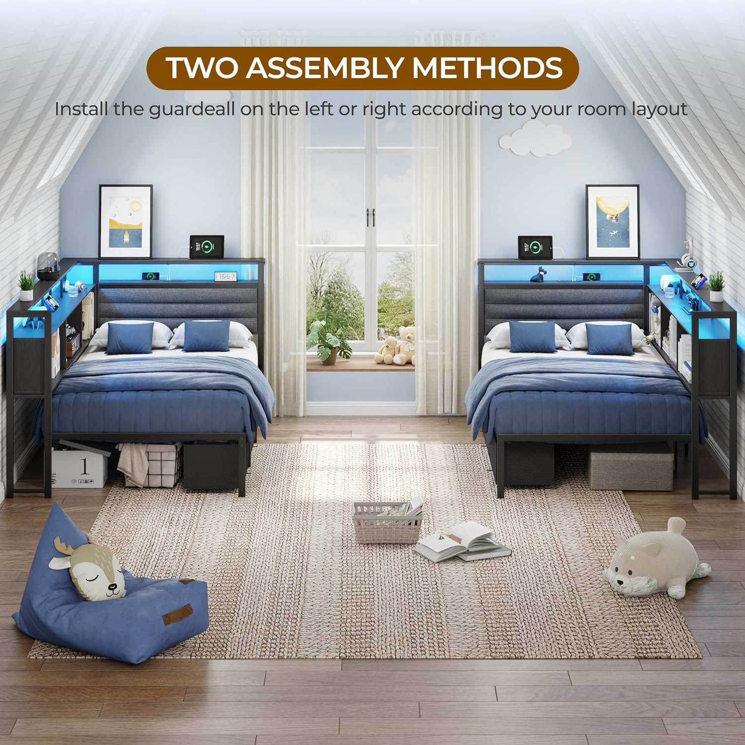 Corner Bed Frame with Storage Bookcase and LED Lights, Twin Size Bed Frames with Upholstered Headboard and Charging Station bed with 3 Storage Drawers