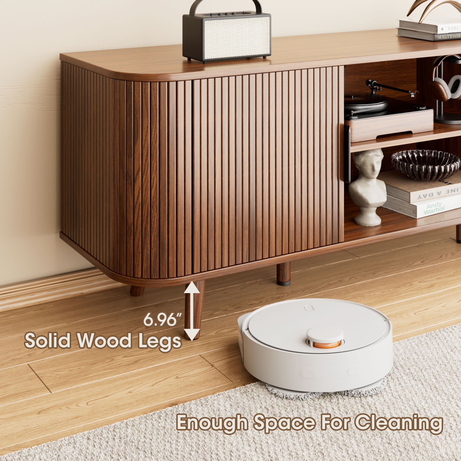 Mid Century Modern TV Stand Walnut Media Console for TVs up to 65 Inch Fluted Sliding Doors Entertainment Center Living Room Furniture Storage