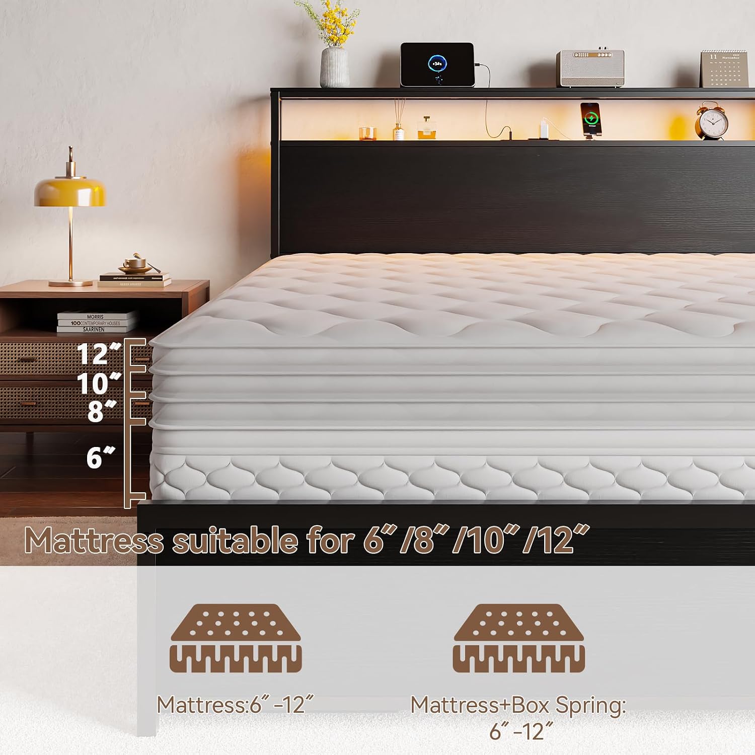 Qwatto Queen Bed Frame 6 Drawers Storage Headboard LED Lights Charging Station Metal Platform Bed Black No Box Spring Needed Noise Free 2 Tier USB Shelf