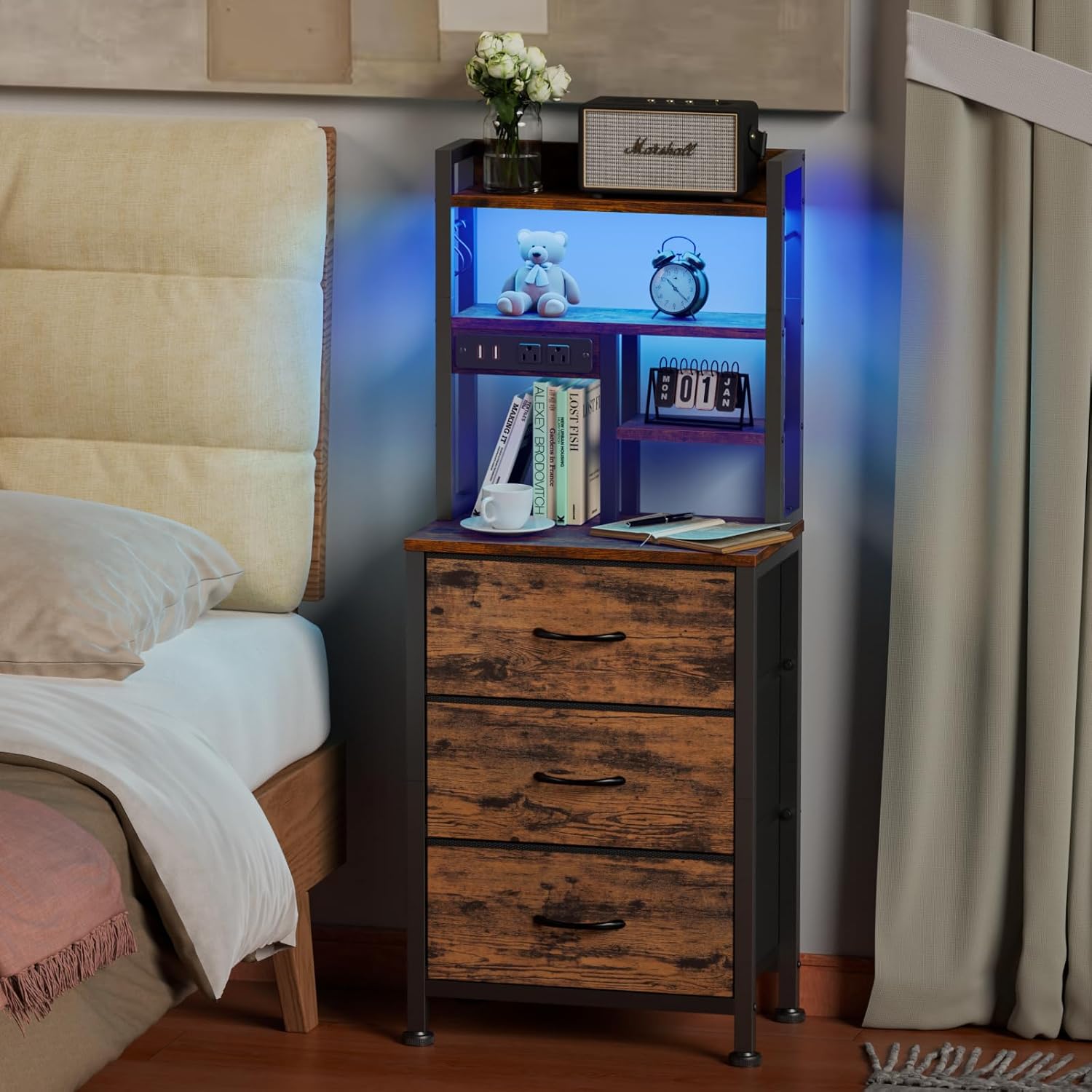 Qwatto 45.3in Tall Bedside Table with USB Charging Station and Light 3 Fabric Drawer Nightstand Bookshelf for Small Space Bedroom Dorm Brown Finish