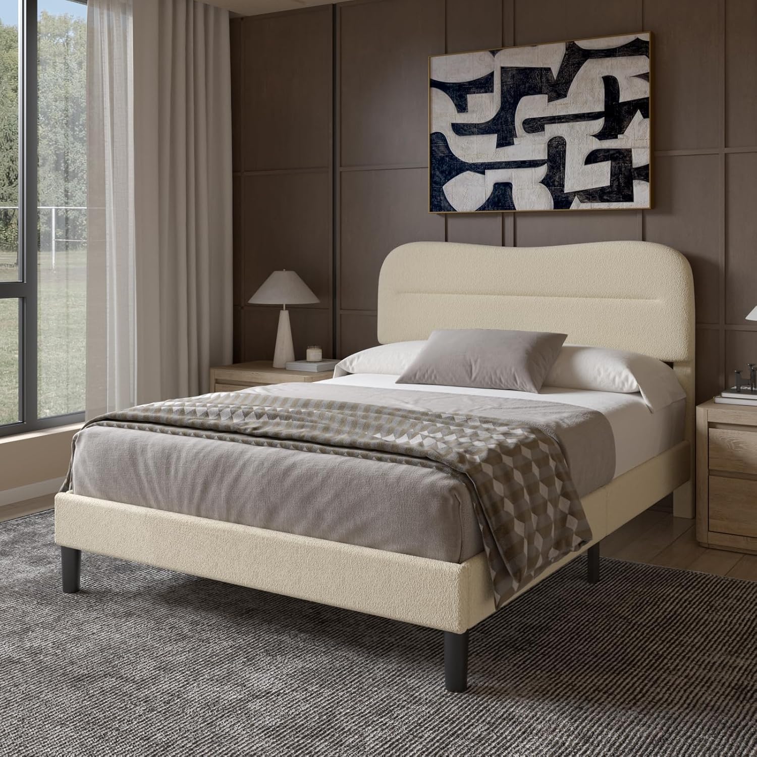 Full Size Bed Frames with Headboard Upholstered Bed Frame Teddy Soft Boucle Fabric bedframes Soft Cloud Marshmallow Shape Upholstered Headboard