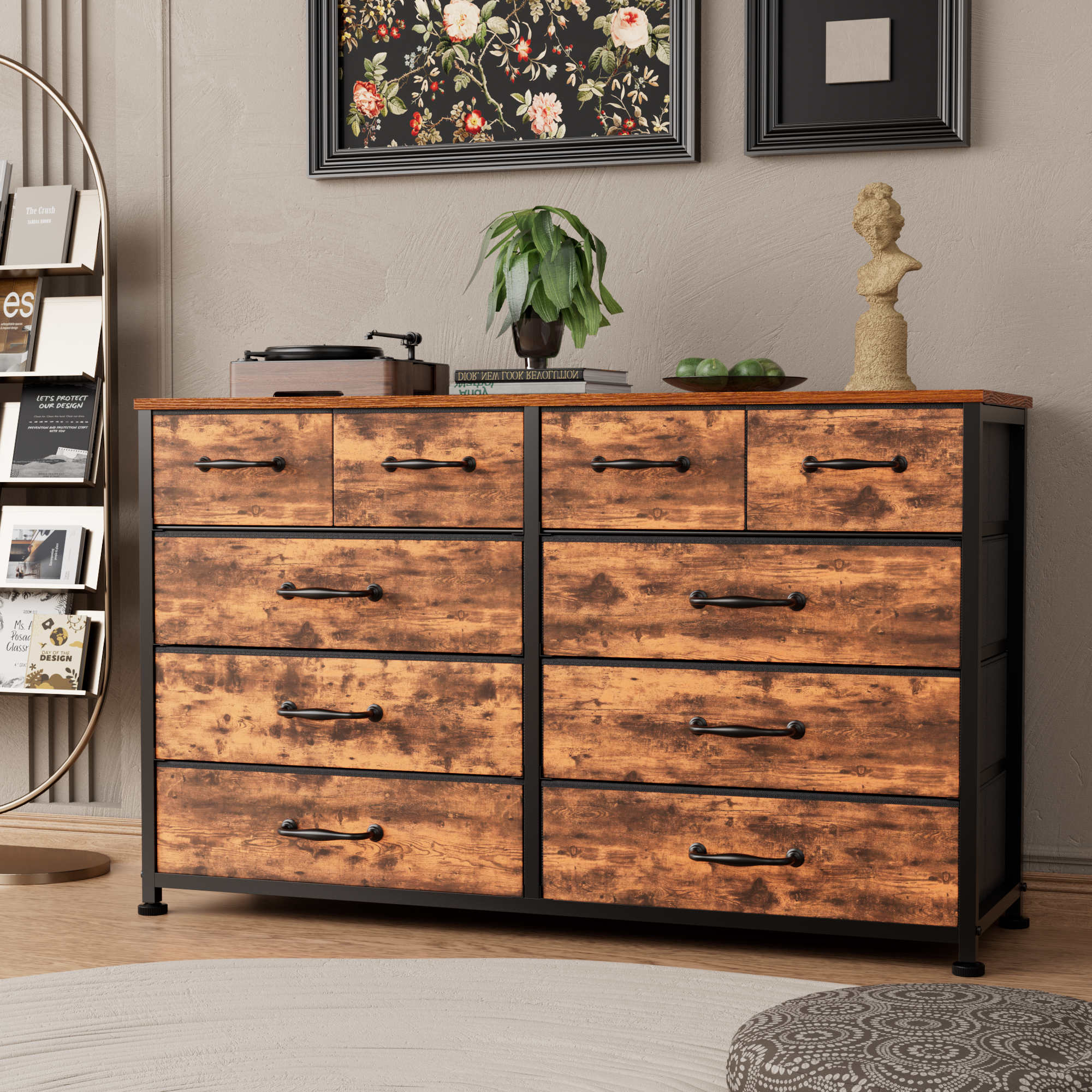 Dresser for Bedroom with 10 Fabric Dresser TV Stand for 40-45-50 inch Tv Dressers Chest of Drawers for Living Room Hallway Entryway Metal Frame  Brown