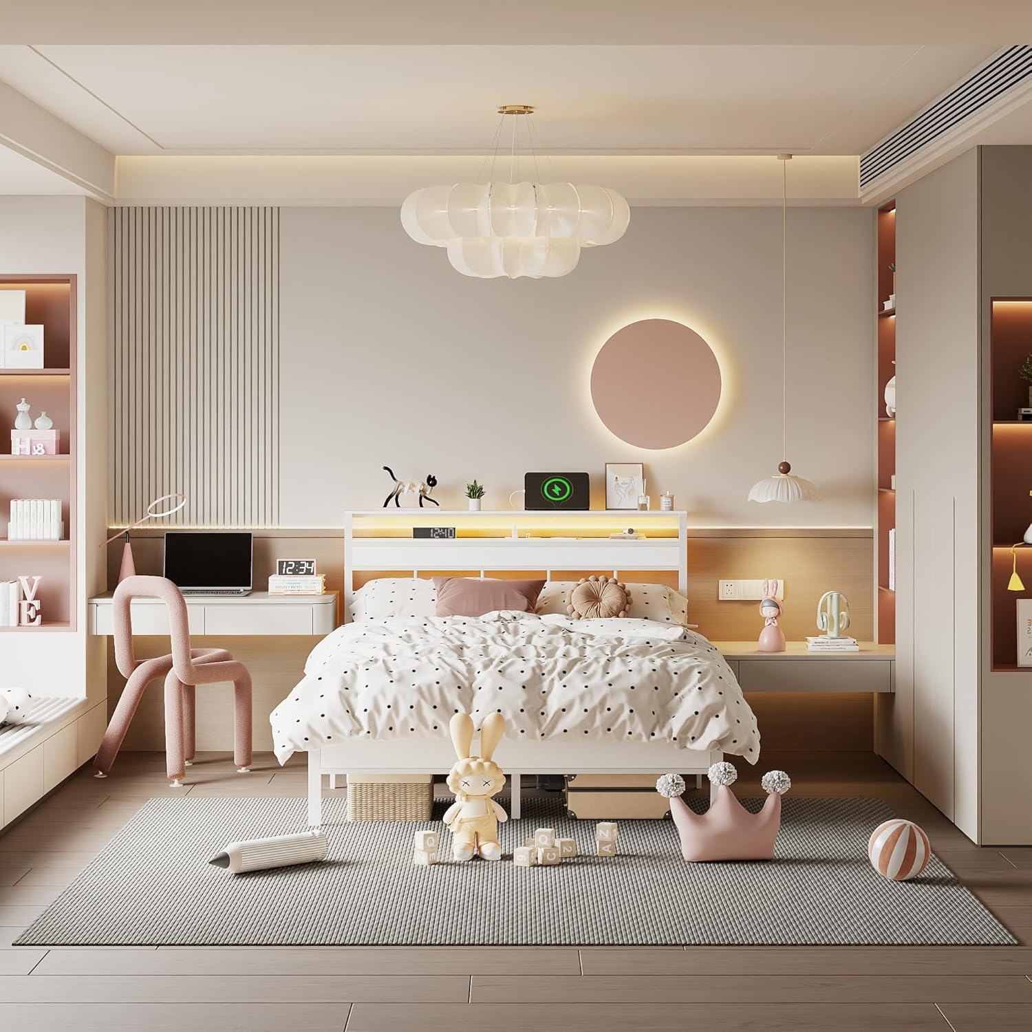 Queen Bed Frame with Storage Headboard and LED Lights Metal Bedframe with Charging Station and USB Port Platform Bed with Heavy Duty Slats White