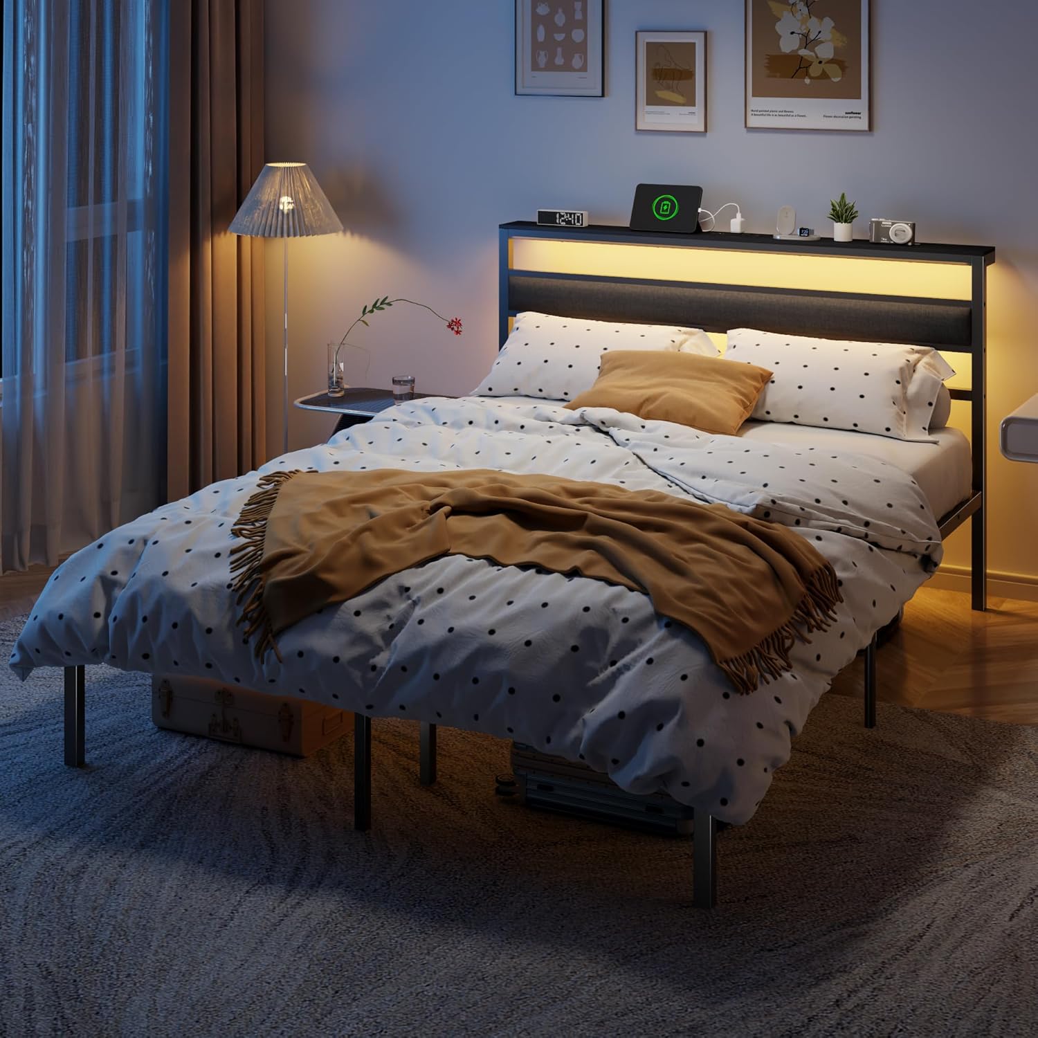 Queen Bed Frame with Led Lights and Charging Station Bed  Frame with Headboard and Under Bed Storage Metal Platform Bedframe and Storage Shelf