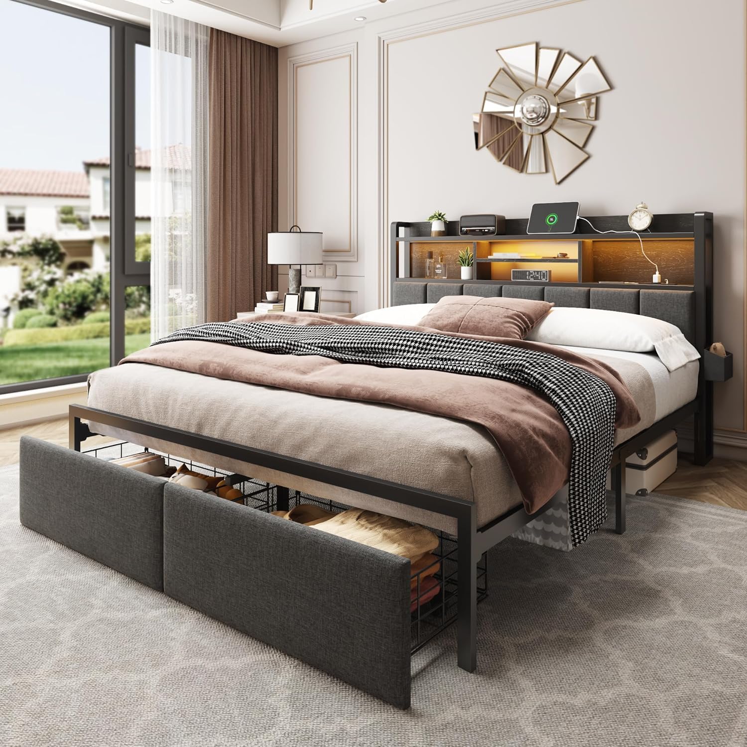 Furnulem Queen Bed Frame with Storage Drawers  Upholstered Headboard with Storage Shelf  LED Lights and Charging Station  Metal Platform Bed Frame