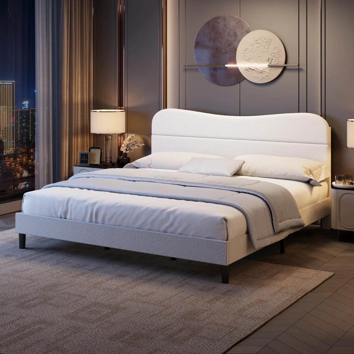 King Size Bed Frame With Teddy Velvet Soft Curved Headboard Platform Bed With Wooden Slats Support Easy Assembly Noise-free