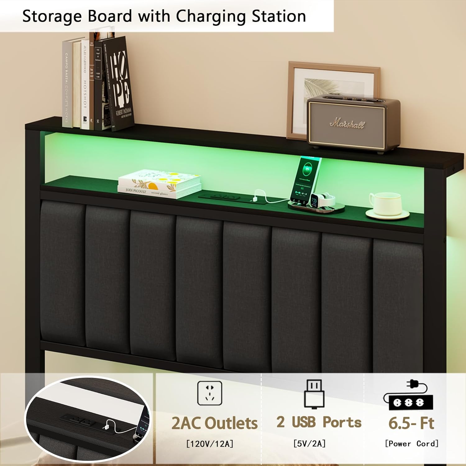 Furnulem Bed Frame with LED Lights, Charging Station & Storage