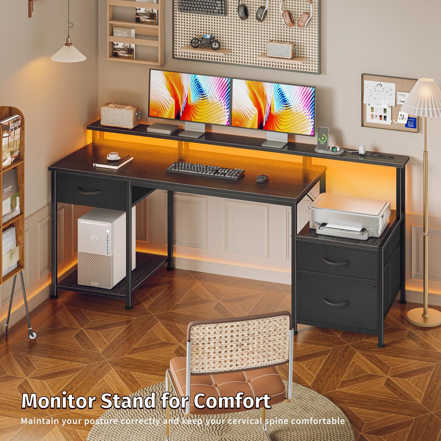 Qwatto 55" Black Computer Desk with 3 Adjustable Drawers and Monitor Stands Home Office Writing Workstation Gaming Table with Multi Storage Shelving