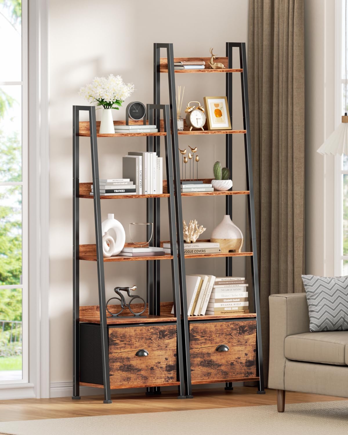 Rustic Brown 6 Tier Ladder Bookshelf with Drawer Tall Industrial Wood Metal Freestanding Storage Rack Etagere Display Bookcase for Home Office Rooms