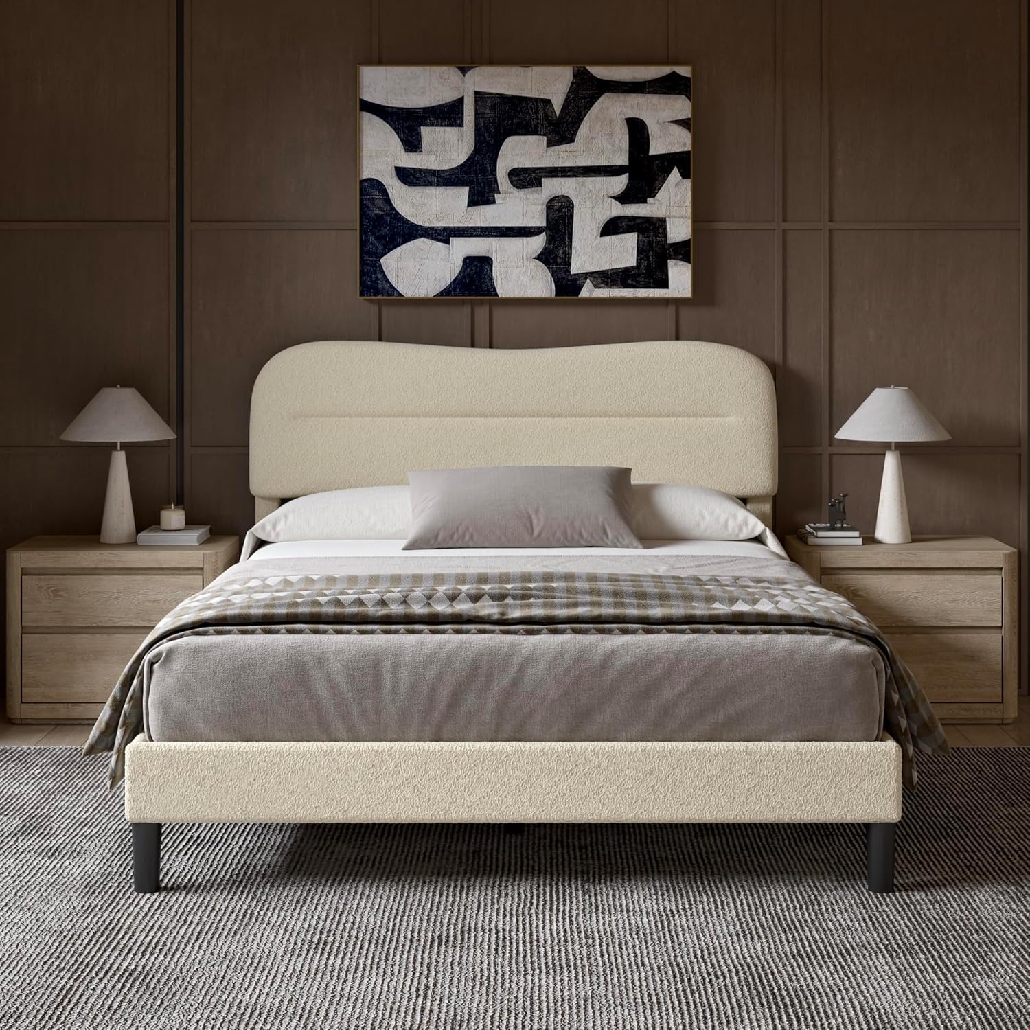 Queen Size Bed Frames with Headboard Upholstered Bed Frame Teddy Soft Boucle Fabric bedframes Soft Cloud Marshmallow Shape Upholstered Headboard