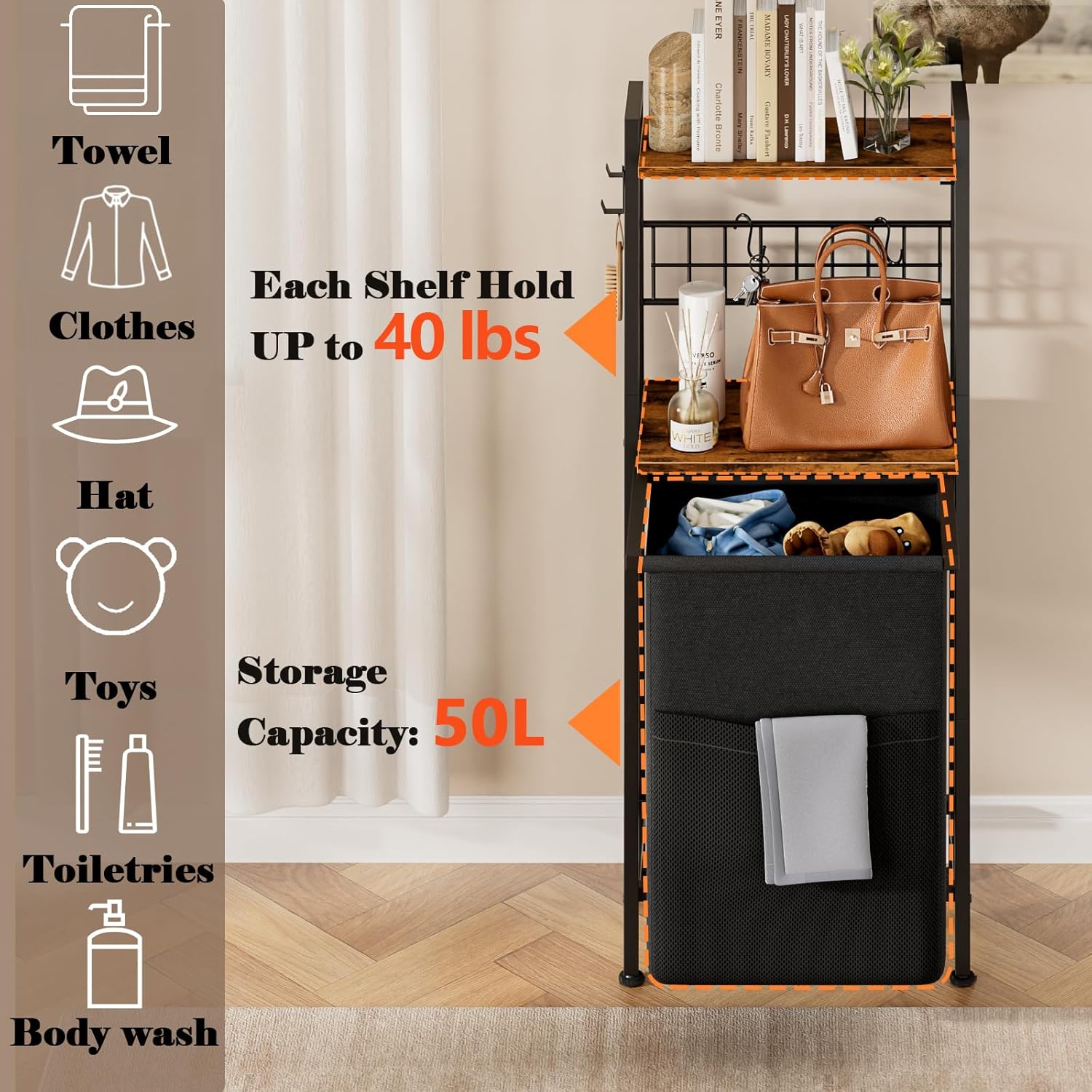 Furnulem 2-Tier Laundry Hamper with Shelf & Hooks – Removable Divided Bag for Bathroom or Bedroom