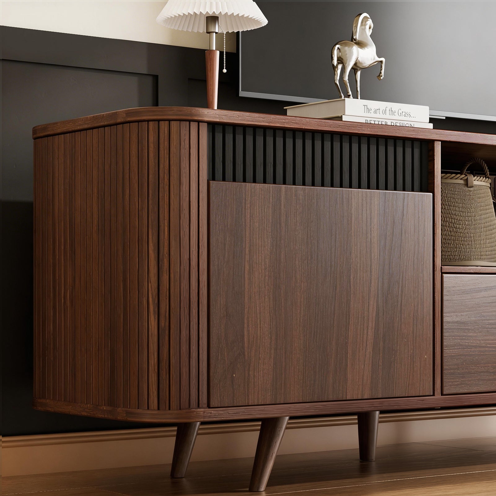 55-in TV Stand with Storage for TVs up to 65-in With Drawer slides Tambour Media Console With Charging Station Shelves Cable Management Wood Legs walnut