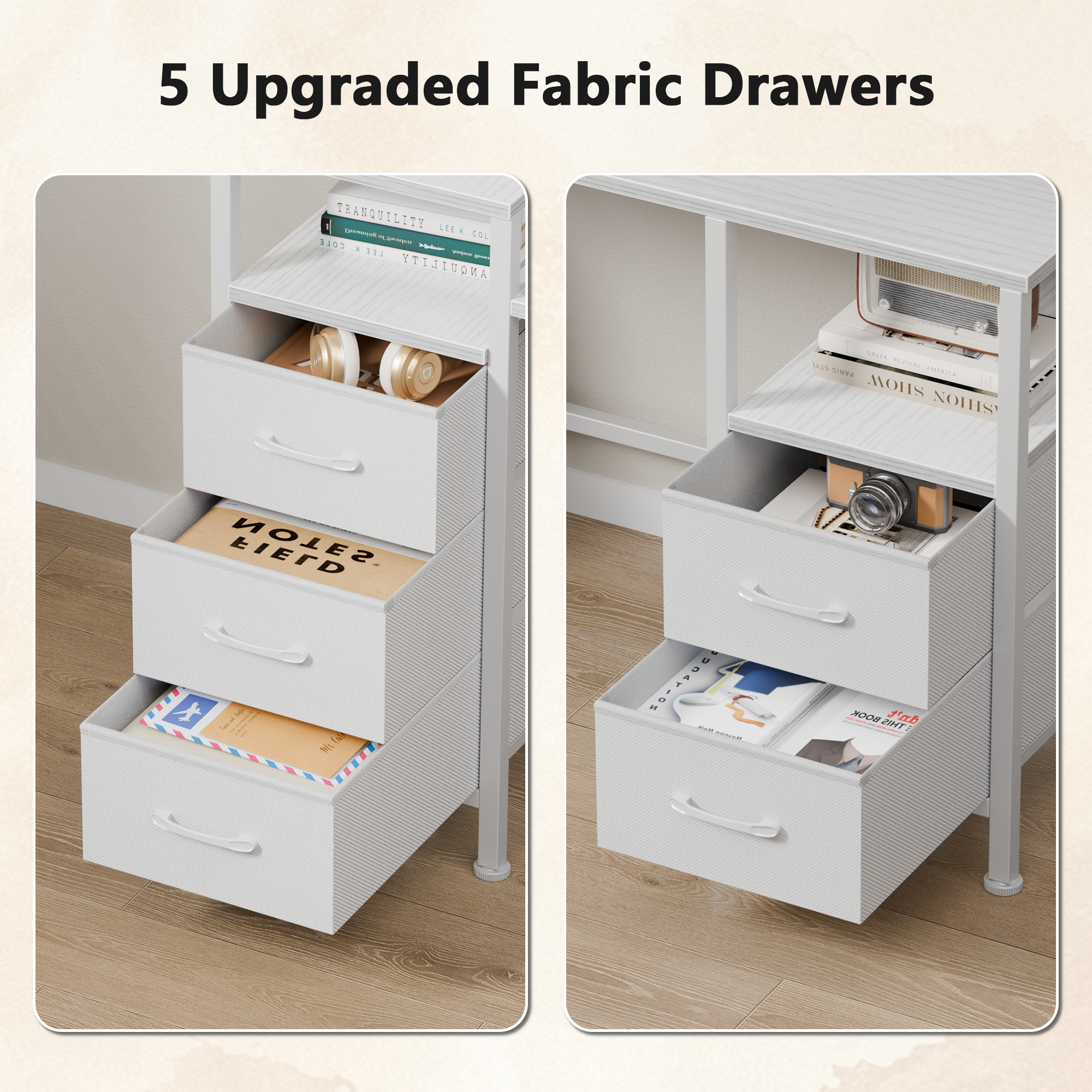 55 Inch White Computer Desk with Charging Station Reversible Gaming Desk LED Lights Fabric Drawers Home Office Writing Table Bedroom Study Storage