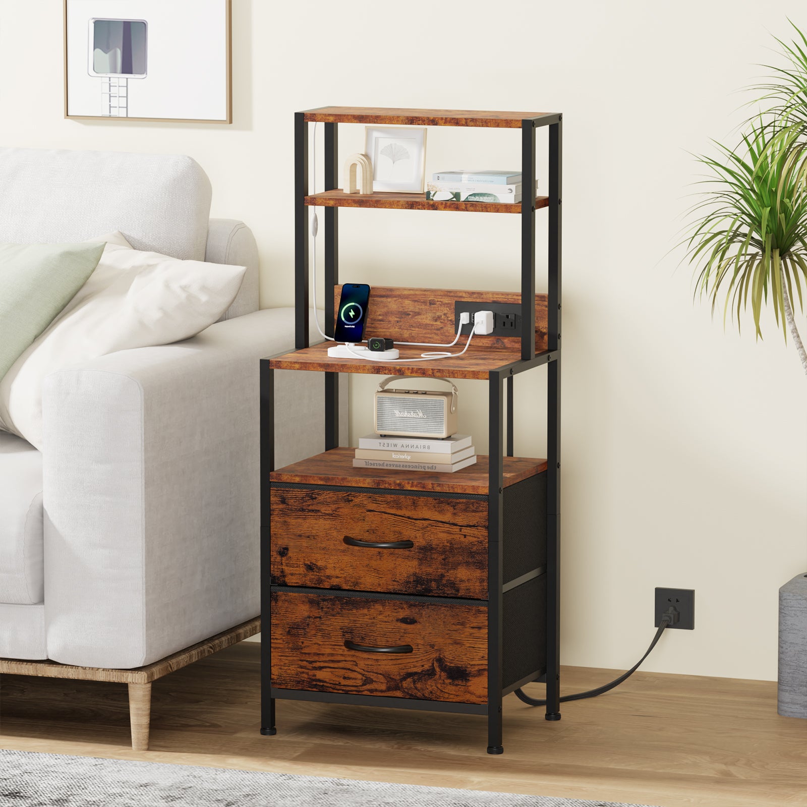 Furnulem Tall Nightstand with Light Tube and Charging Station