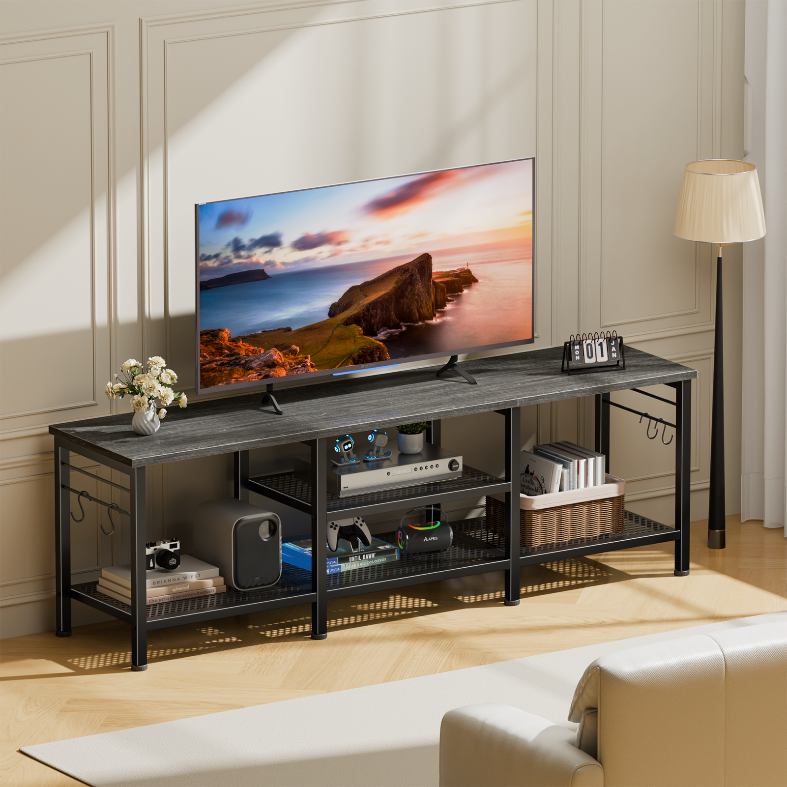 55 Inch Black Oak TV Stand for TVs up to 65 Inch Media Console Entertainment Center Open Storage Shelves Soundbar Shelf Modern Living Room Unit