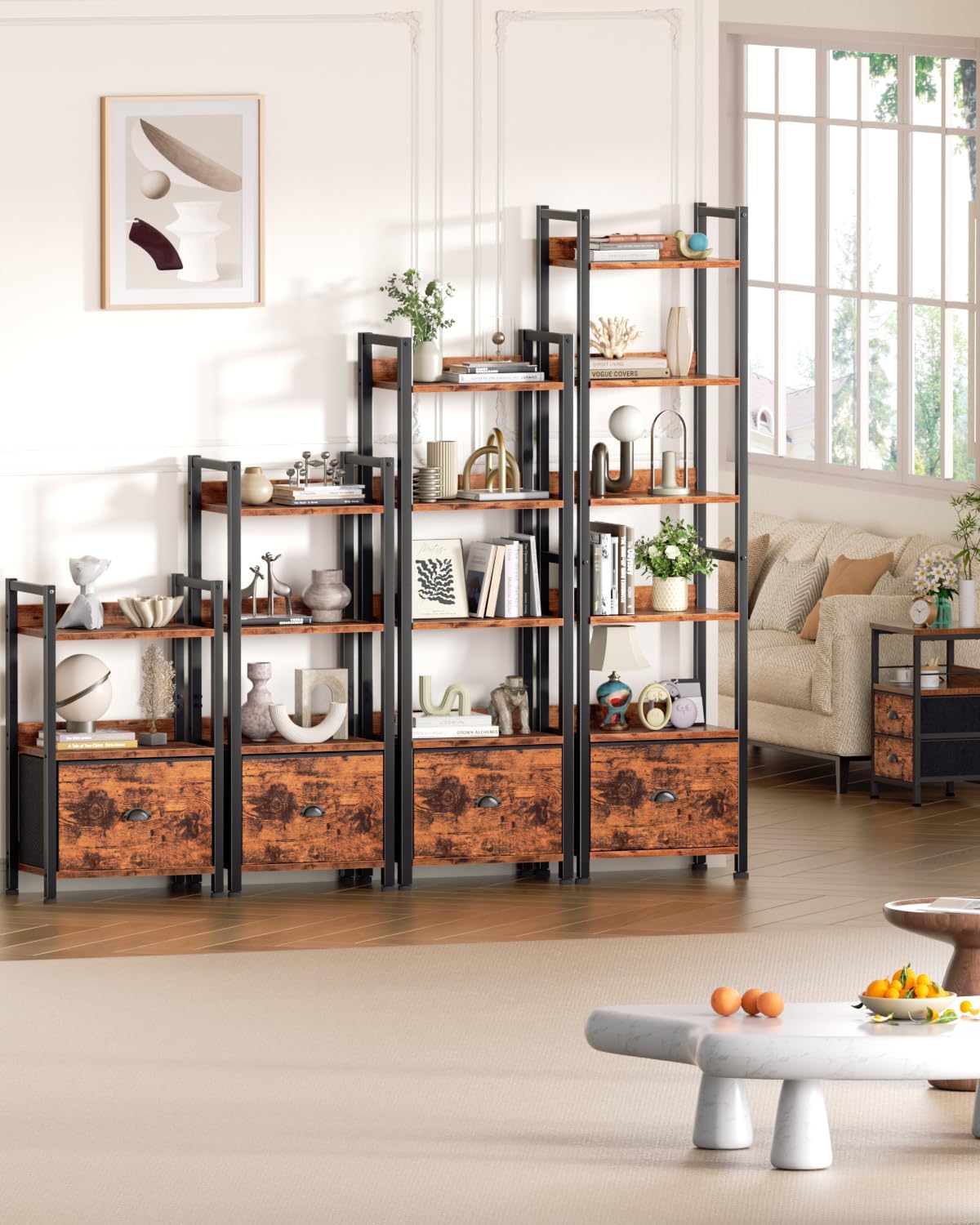 Qwatto Brown 6 Tier Bookshelf with Drawer Tall Industrial Wood Metal Freestanding Storage Display Shelves Etagere Bookcase Organizer for Home Office