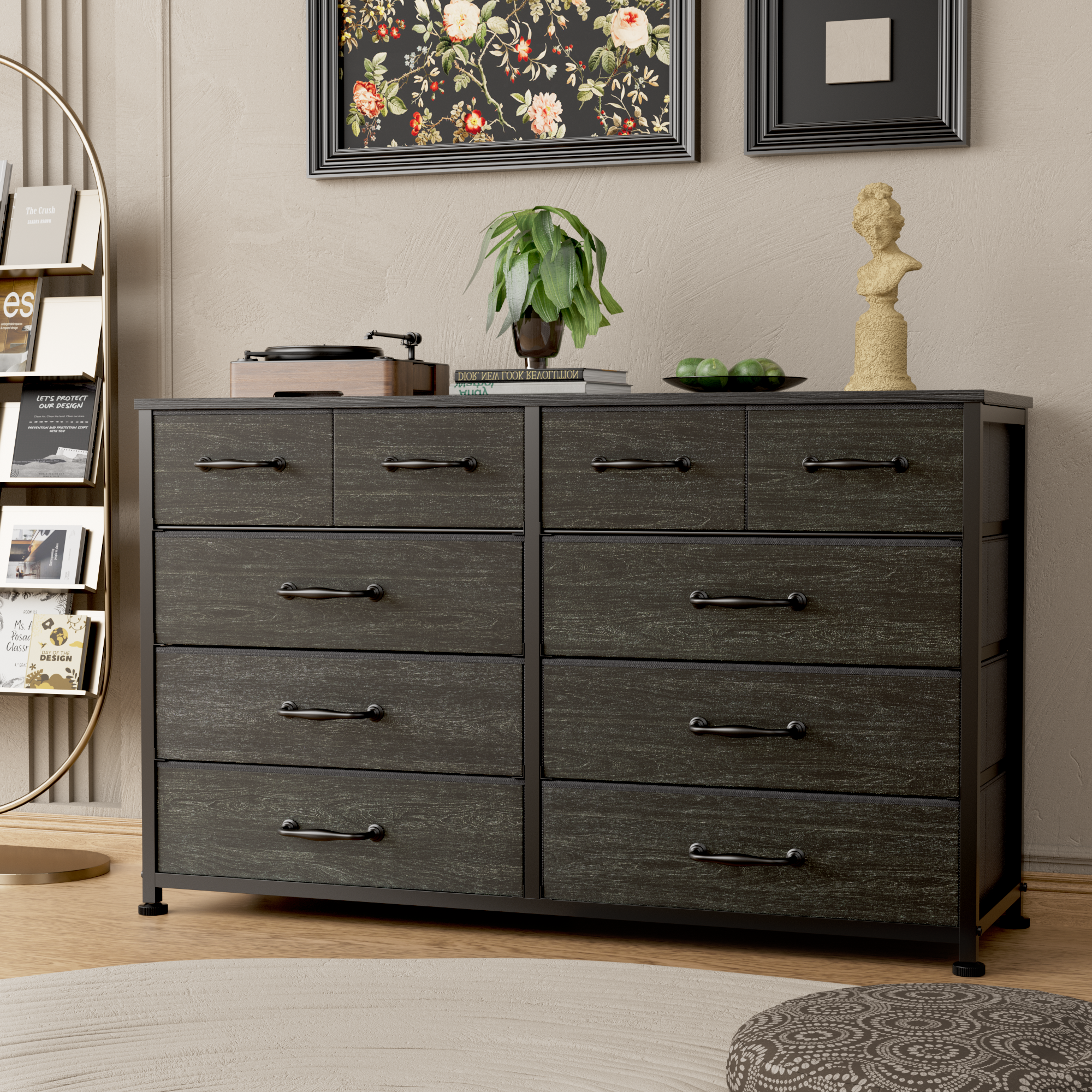 Black 10 Drawer Dresser TV Stand for 50 Inch TV Wide Fabric Storage Chest Media Console Entertainment Center Bedroom Living Room Organizer