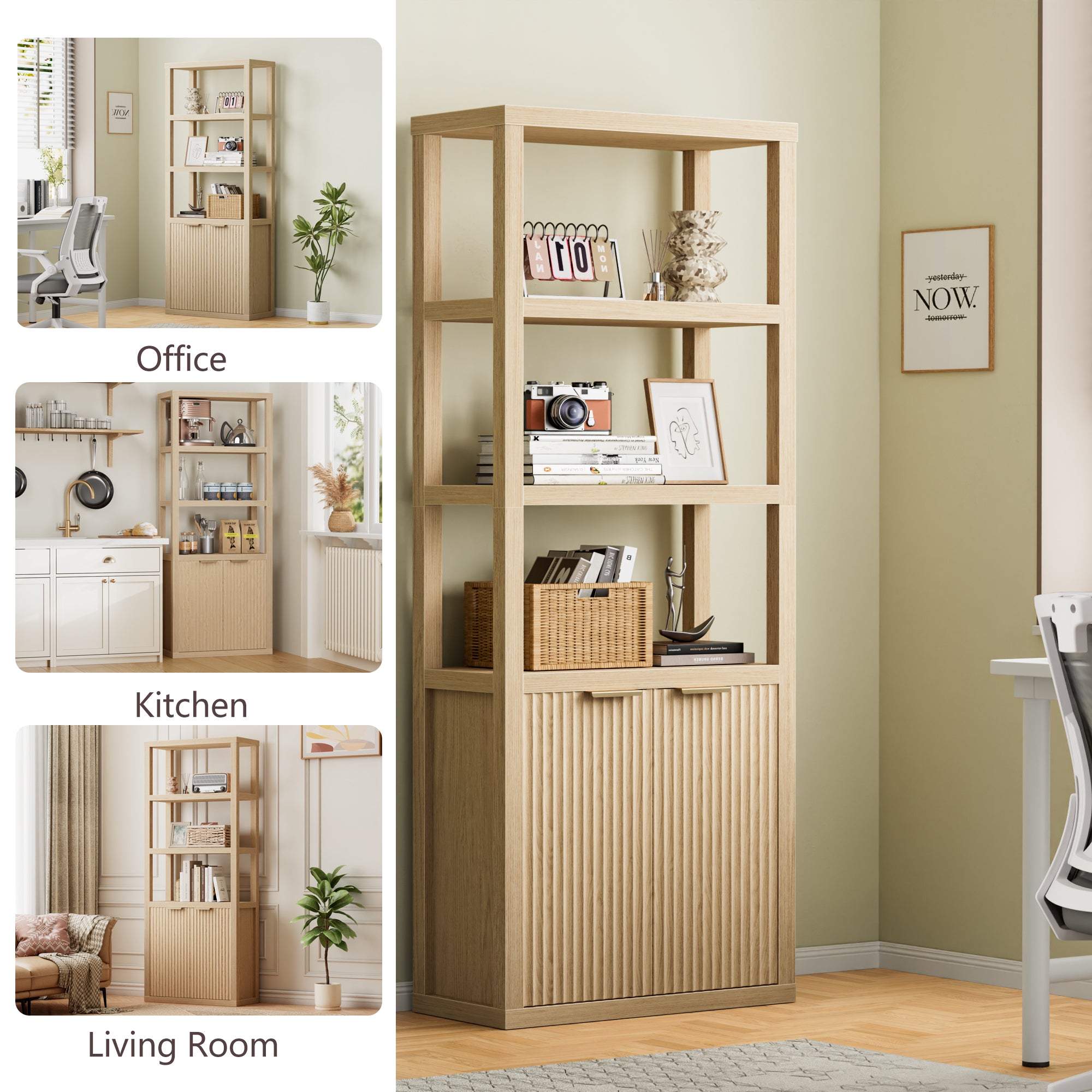 Bookshelf and Bookcase with Door Floor Standing 5-Tier Shelf Display Storage Shelves Tall Bookcases for Home Office Living Room