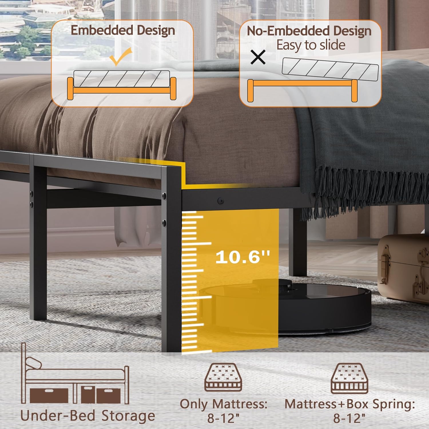 Full Size Bed Frame with Headboard, Bed Frame with LED Light and Charging Station Black Metal Platform Bedframe and Storage Shelf No Box Spring Needed