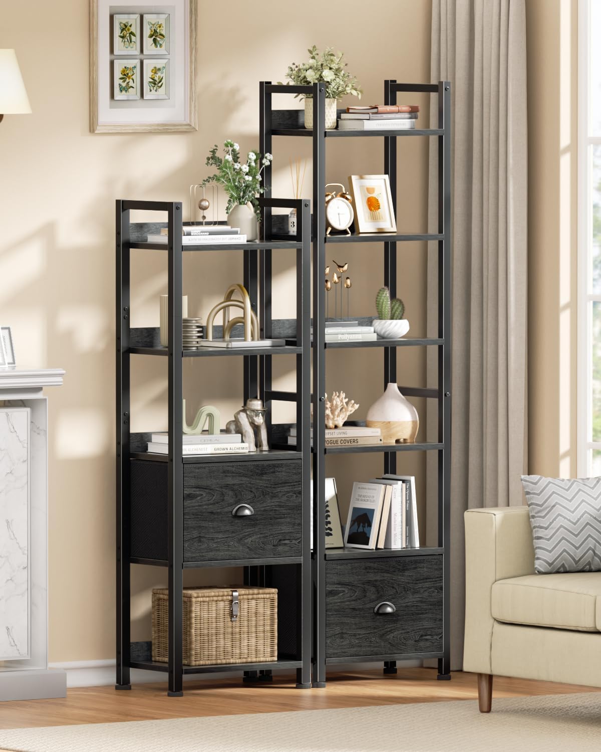 Qwatto Black 6 Tier Bookshelf with Drawer Tall Industrial Wood Metal Freestanding Storage Display Shelves Etagere Bookcase Organizer for Home Office